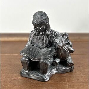 Vintage 1991 Michael‎ Ricker Christmas Pewter Girl Teddy Bear Book Figurine